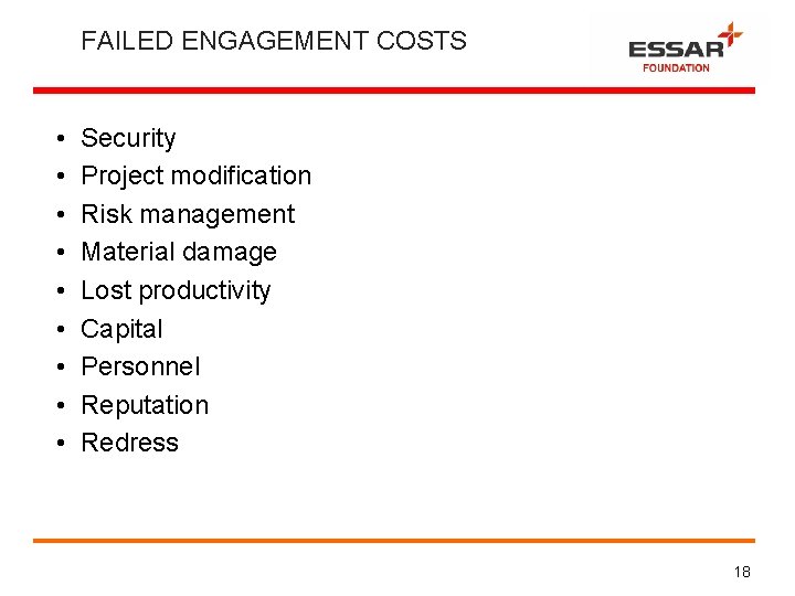 FAILED ENGAGEMENT COSTS • Security • Project modification • Risk management • Material damage
