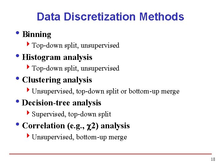Data Discretization Methods i. Binning 4 Top-down split, unsupervised i. Histogram analysis 4 Top-down Data Discretization Methods i. Binning 4 Top-down split, unsupervised i. Histogram analysis 4 Top-down
