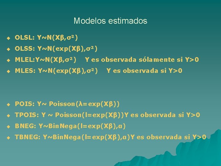 Modelos estimados u OLSL: Y~N(Xβ, σ²) u OLSS: Y~N(exp(Xβ), σ²) u MLEL: Y~N(Xβ, σ²)