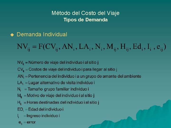 Método del Costo del Viaje Tipos de Demanda u Demanda Individual 