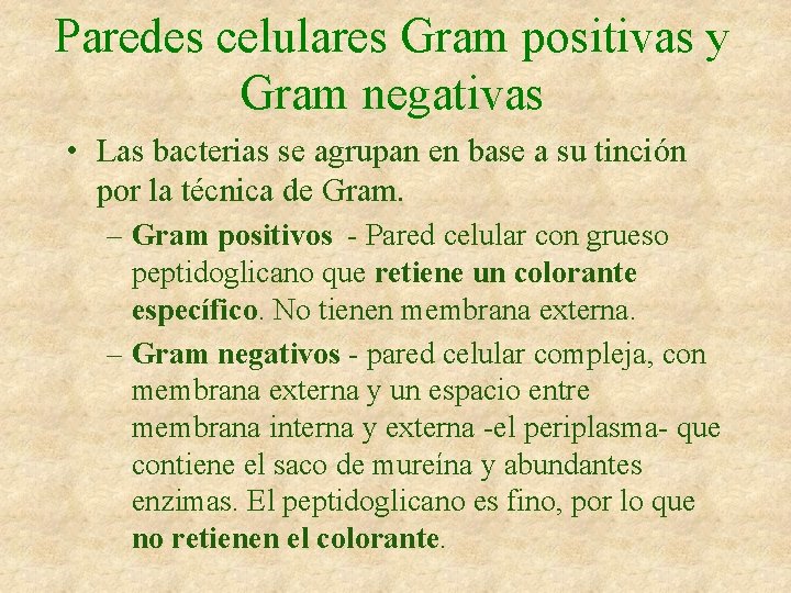 Paredes celulares Gram positivas y Gram negativas • Las bacterias se agrupan en base