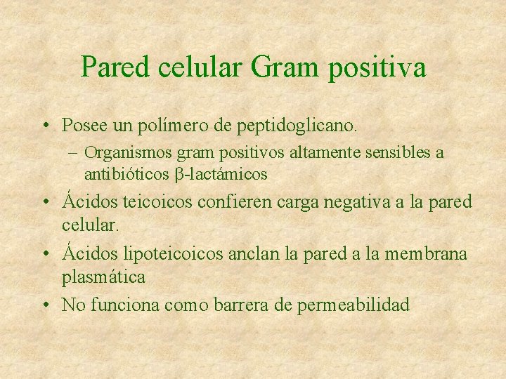 Pared celular Gram positiva • Posee un polímero de peptidoglicano. – Organismos gram positivos