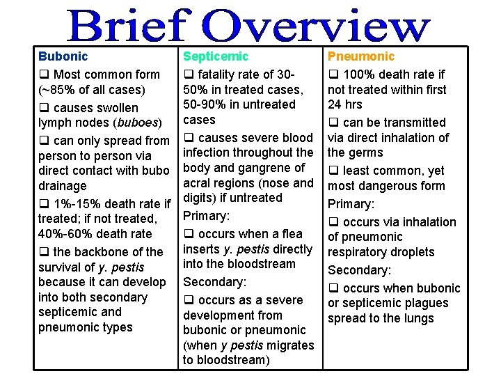 Bubonic q Most common form (~85% of all cases) q causes swollen lymph nodes