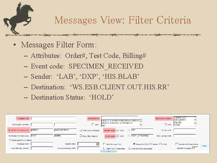 Messages View: Filter Criteria • Messages Filter Form: – – – Attributes: Order#, Test