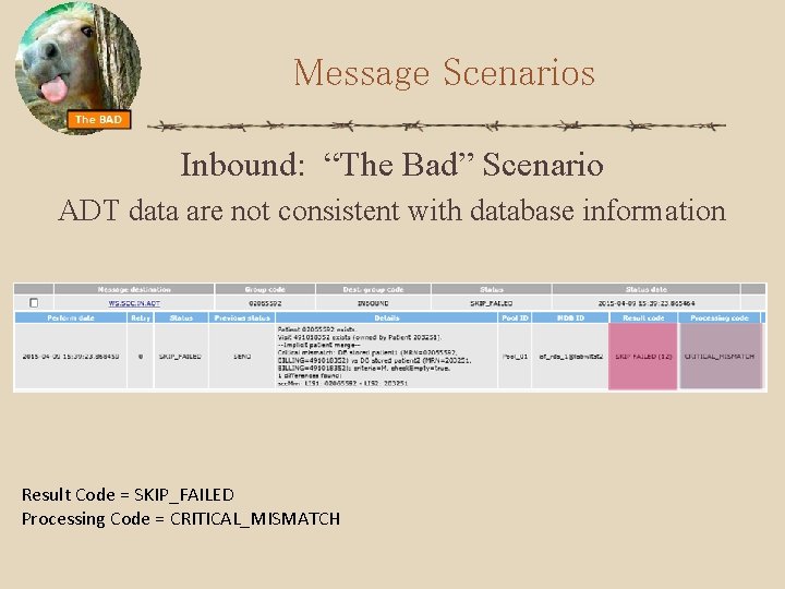 Message Scenarios Inbound: “The Bad” Scenario ADT data are not consistent with database information
