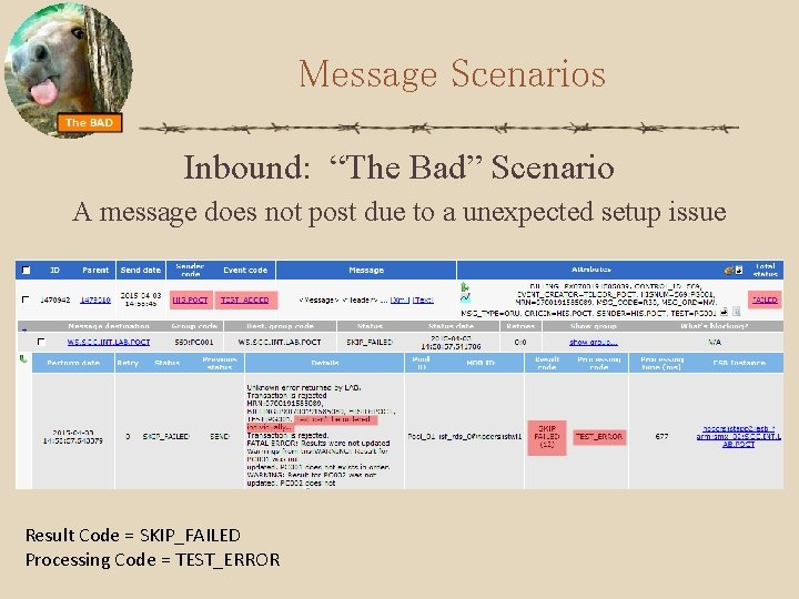 Message Scenarios Inbound: “The Bad” Scenario A message does not post due to a