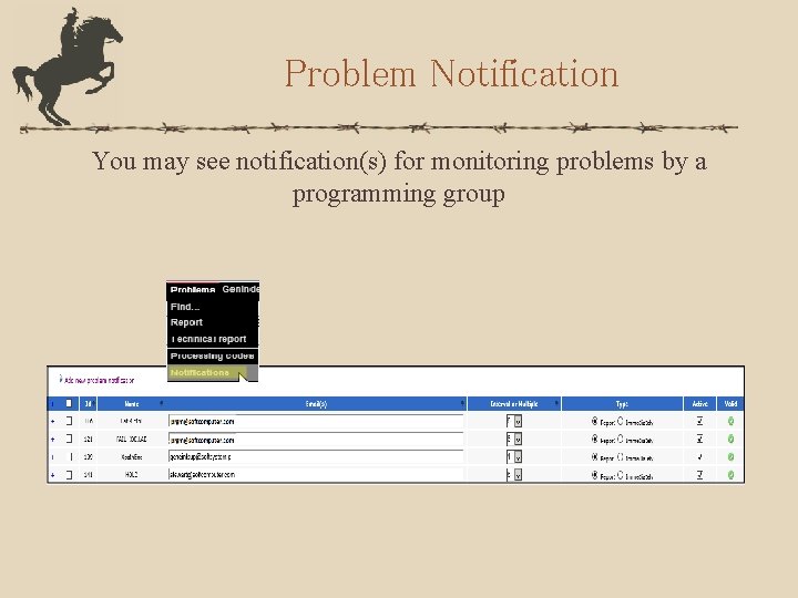 Problem Notification You may see notification(s) for monitoring problems by a programming group 