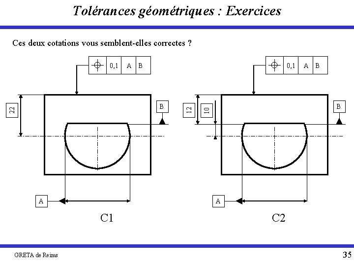 Tolérances géométriques : Exercices Ces deux cotations vous semblent-elles correctes ? B 0, 1