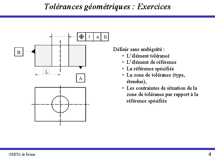 Tolérances géométriques : Exercices Définir sans ambiguïté : • L’élément tolérancé • L’élément de