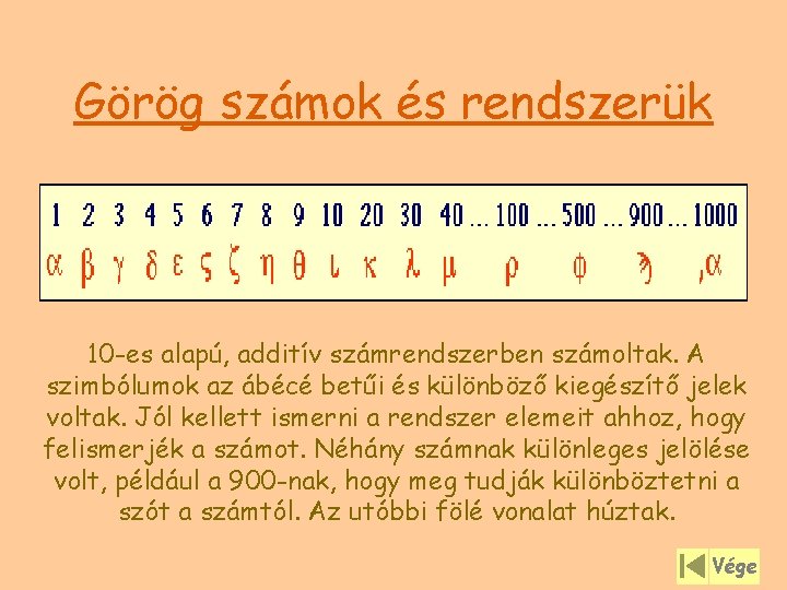 Görög számok és rendszerük 10 -es alapú, additív számrendszerben számoltak. A szimbólumok az ábécé