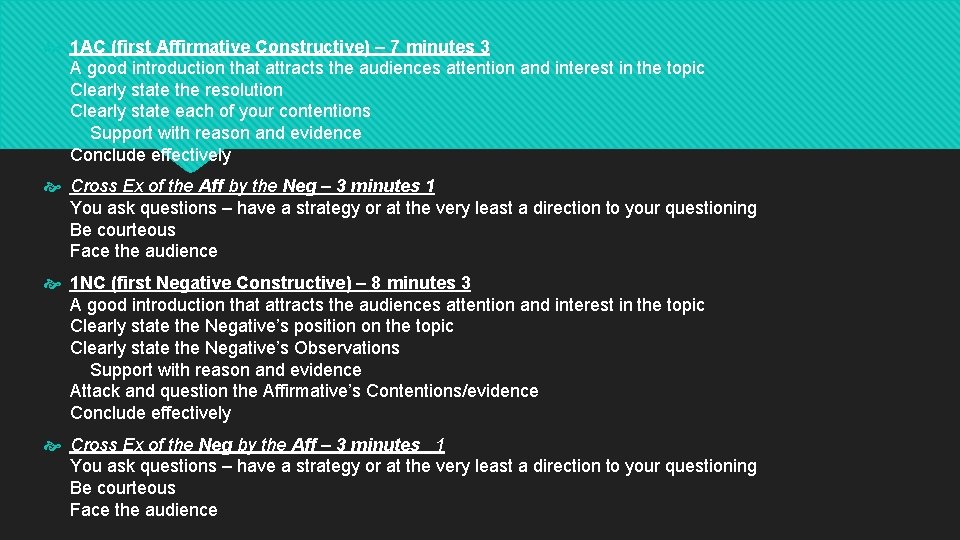  1 AC (first Affirmative Constructive) – 7 minutes 3 A good introduction that