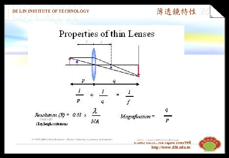 DE LIN INSTITUTE OF TECHNOLOGY 薄透鏡特性 26 © 2005 DLIT, All rights reserved http: