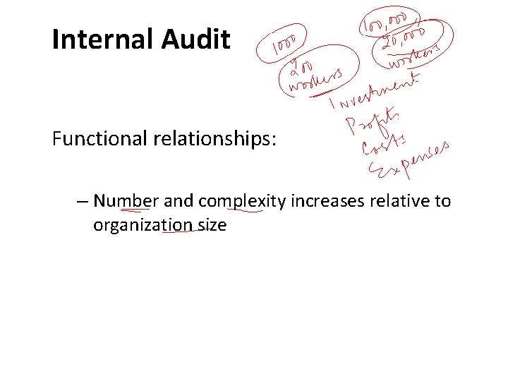Internal Audit Functional relationships: – Number and complexity increases relative to organization size 