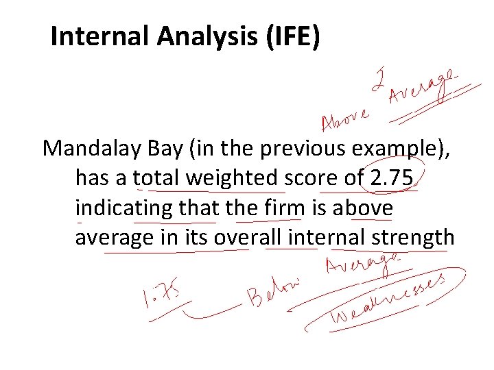 Internal Analysis (IFE) Mandalay Bay (in the previous example), has a total weighted score