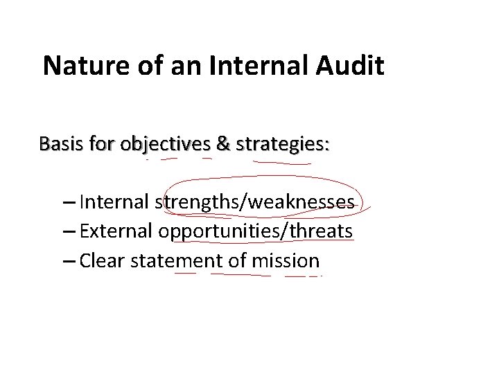 Nature of an Internal Audit Basis for objectives & strategies: – Internal strengths/weaknesses –