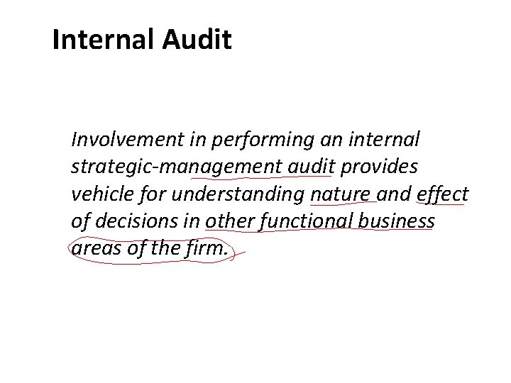 Internal Audit Involvement in performing an internal strategic-management audit provides vehicle for understanding nature