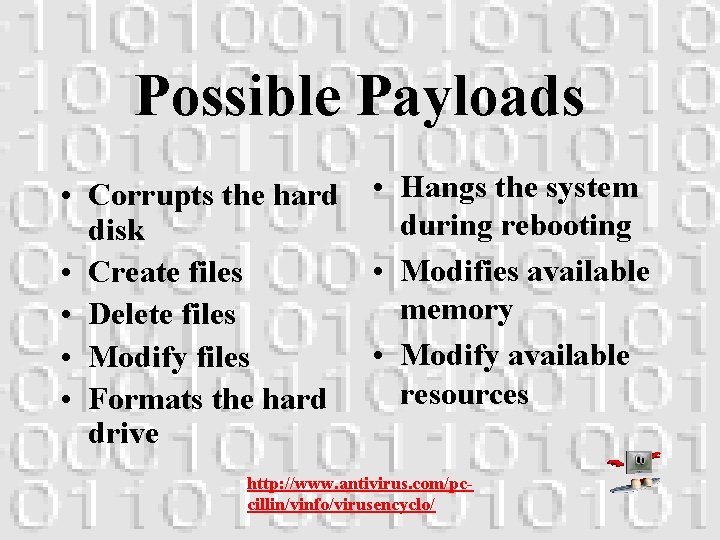 Possible Payloads • Corrupts the hard disk • Create files • Delete files •