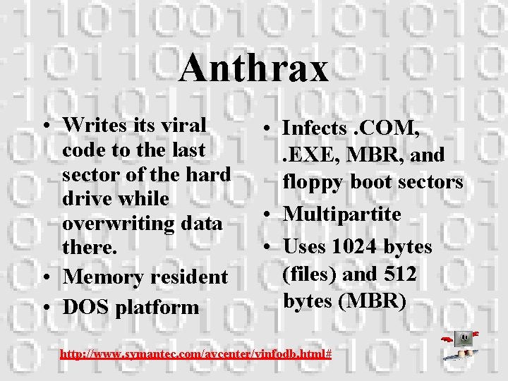 Anthrax • Writes its viral code to the last sector of the hard drive