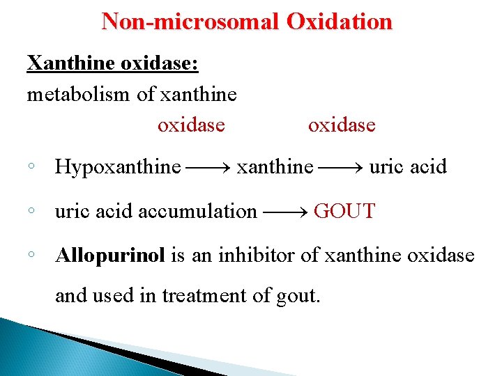 Non-microsomal Oxidation Xanthine oxidase: metabolism of xanthine oxidase ◦ Hypoxanthine uric acid ◦ uric
