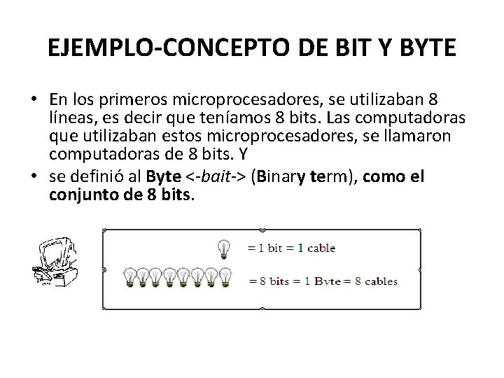 EJEMPLO-CONCEPTO DE BIT Y BYTE • En los primeros microprocesadores, se utilizaban 8 líneas,