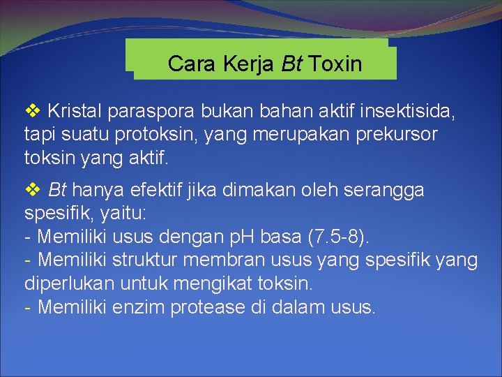 Cara. Kerja. Bt Bt. Toxin v Kristal paraspora bukan bahan aktif insektisida, tapi suatu