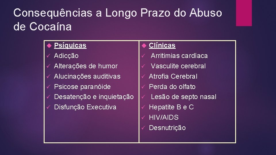 Consequências a Longo Prazo do Abuso de Cocaína ü ü ü Psíquicas Adicção Alterações Consequências a Longo Prazo do Abuso de Cocaína ü ü ü Psíquicas Adicção Alterações