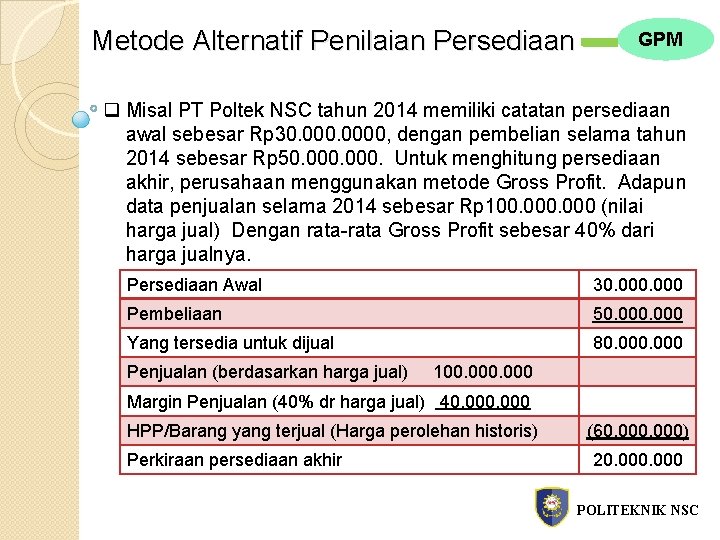 Metode Alternatif Penilaian Persediaan GPM q Misal PT Poltek NSC tahun 2014 memiliki catatan