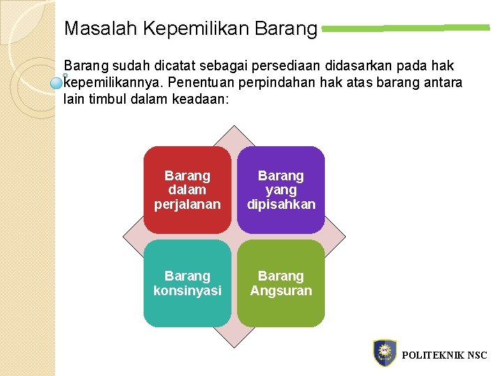 Masalah Kepemilikan Barang sudah dicatat sebagai persediaan didasarkan pada hak kepemilikannya. Penentuan perpindahan hak