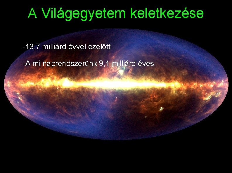 A Világegyetem keletkezése -13, 7 milliárd évvel ezelőtt -A mi naprendszerünk 9, 1 milliárd