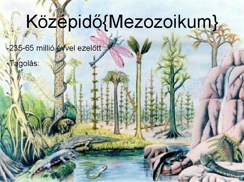 Középidő{Mezozoikum} -235 -65 millió évvel ezelőtt -Tagolás: Középidő{Mezozoikum} -235 -65 millió évvel ezelőtt -Tagolás: