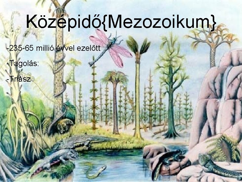 Középidő{Mezozoikum} -235 -65 millió évvel ezelőtt -Tagolás: -Triász Középidő{Mezozoikum} -235 -65 millió évvel ezelőtt -Tagolás: -Triász