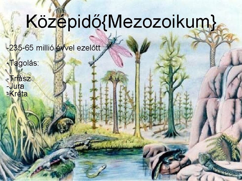 Középidő{Mezozoikum} -235 -65 millió évvel ezelőtt -Tagolás: -Triász -Jura -Kréta Középidő{Mezozoikum} -235 -65 millió évvel ezelőtt -Tagolás: -Triász -Jura -Kréta