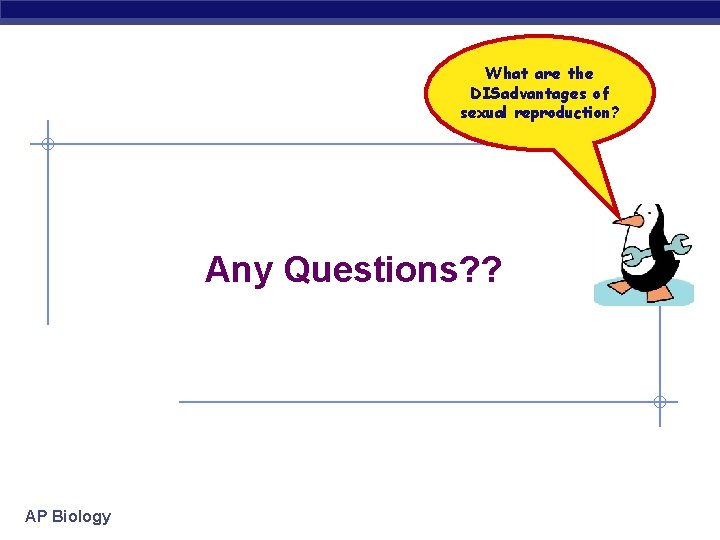 What are the DISadvantages of sexual reproduction? Any Questions? ? AP Biology 