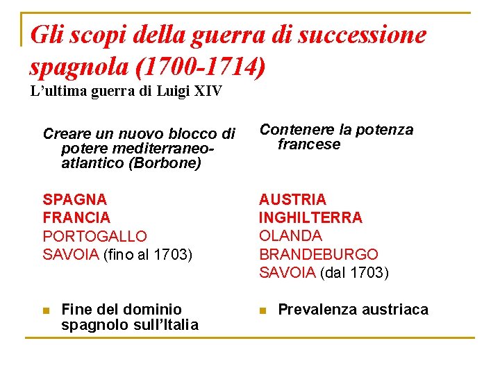 Gli scopi della guerra di successione spagnola (1700 -1714) L’ultima guerra di Luigi XIV