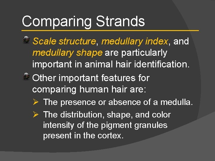 Comparing Strands Scale structure, medullary index, and medullary shape are particularly important in animal