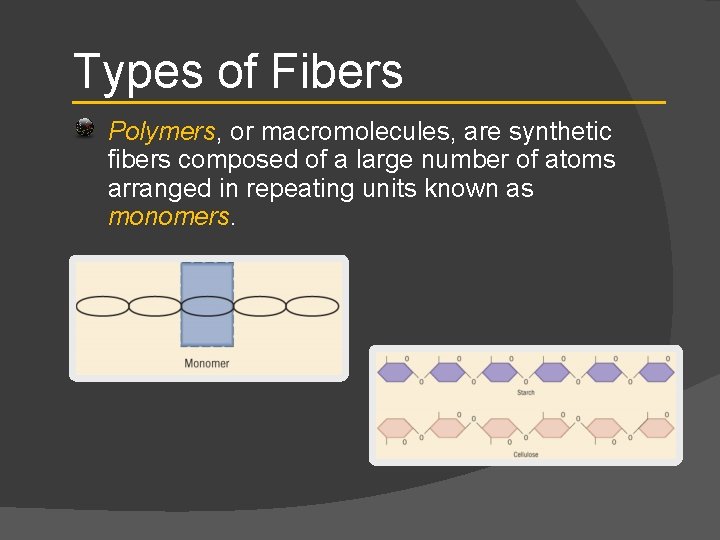 Types of Fibers Polymers, or macromolecules, are synthetic fibers composed of a large number