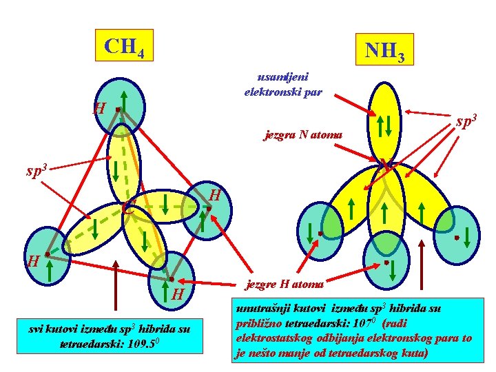 CH 4 NH 3 usamljeni elektronski par H sp 3 jezgra N atoma N