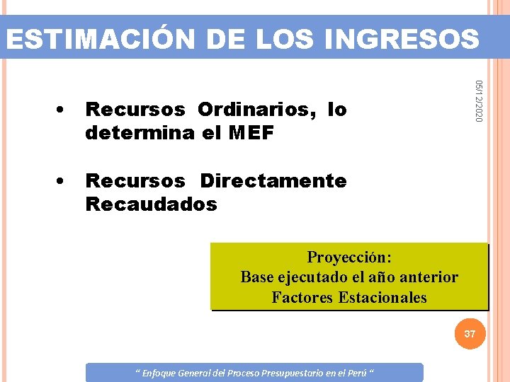 ESTIMACIÓN DE LOS INGRESOS 05/12/2020 • Recursos Ordinarios, lo determina el MEF • Recursos