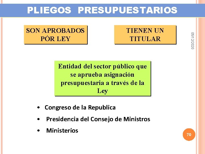 PLIEGOS PRESUPUESTARIOS TIENEN UN TITULAR 05/12/2020 SON APROBADOS PÓR LEY Entidad del sector público