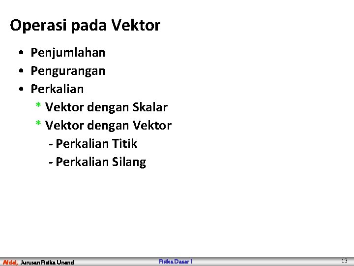 Operasi pada Vektor • Penjumlahan • Pengurangan • Perkalian * Vektor dengan Skalar *