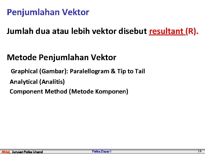 Penjumlahan Vektor Jumlah dua atau lebih vektor disebut resultant (R). Metode Penjumlahan Vektor Graphical