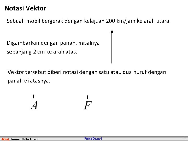 Notasi Vektor Sebuah mobil bergerak dengan kelajuan 200 km/jam ke arah utara. Digambarkan dengan