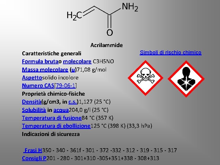 Acrilammide Simboli di rischio chimico Caratteristiche generali Formula brutao molecolare C 3 H 5