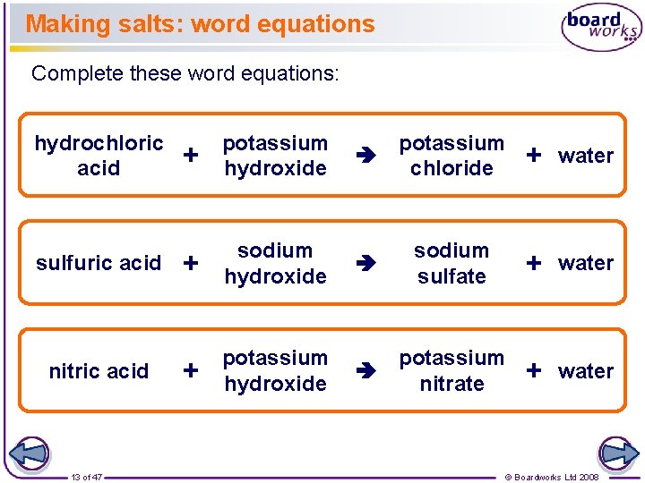 Making salts: word equations Complete these word equations: hydrochloric acid sulfuric acid nitric acid