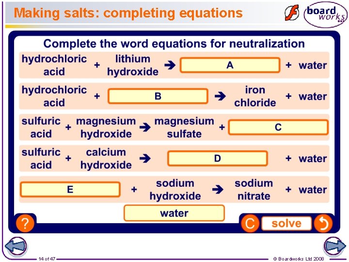 Making salts: completing equations 14 of 47 © Boardworks Ltd 2008 