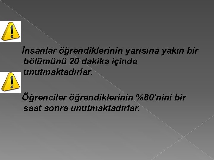 İnsanlar öğrendiklerinin yarısına yakın bir bölümünü 20 dakika içinde unutmaktadırlar. Öğrenciler öğrendiklerinin %80’nini bir