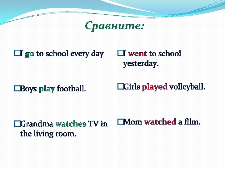 Сравните: �I go to school every day �I went to school yesterday. �Boys play