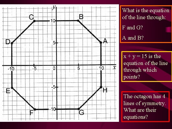 What is the equation of the line through: F and G? A and B?