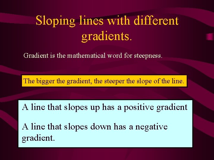 Sloping lines with different gradients. Gradient is the mathematical word for steepness. The bigger