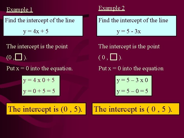 Example 2 Example 1 9 Find the intercept of the line 8 y =